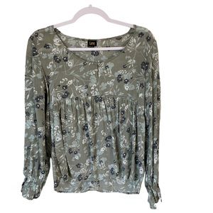 Lee Green Floral Print Long Sleeve Babydoll Blouse Size XS NWT